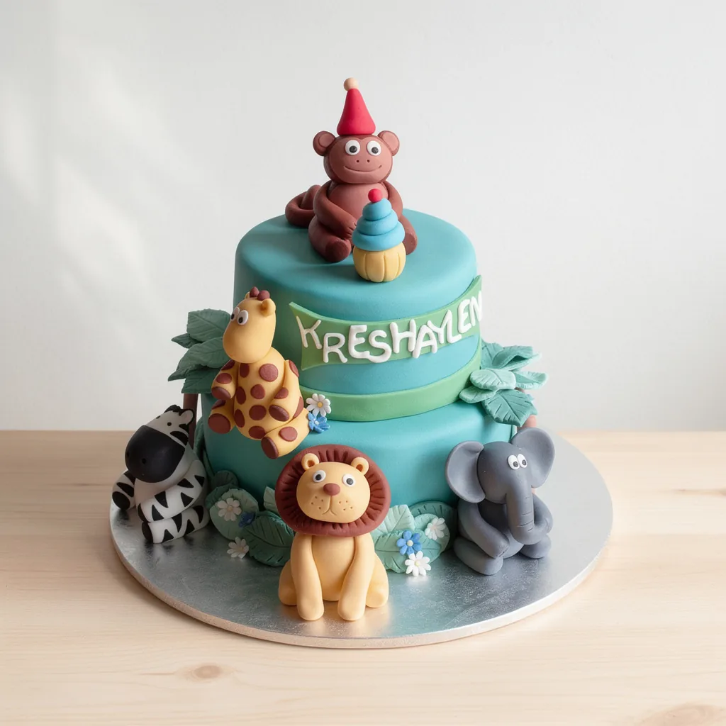 Two-tier cake with blue frosting featuring fondant jungle animals including a monkey, giraffe, lion, elephant, and zebra