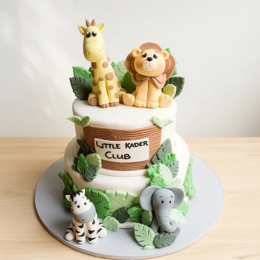 Two-tier white fondant cake decorated with fondant jungle animals and green leaves
