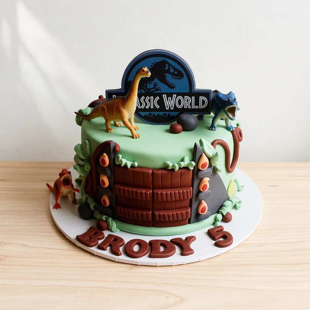 Green cake with Jurassic World logo and dinosaur figurines on top
