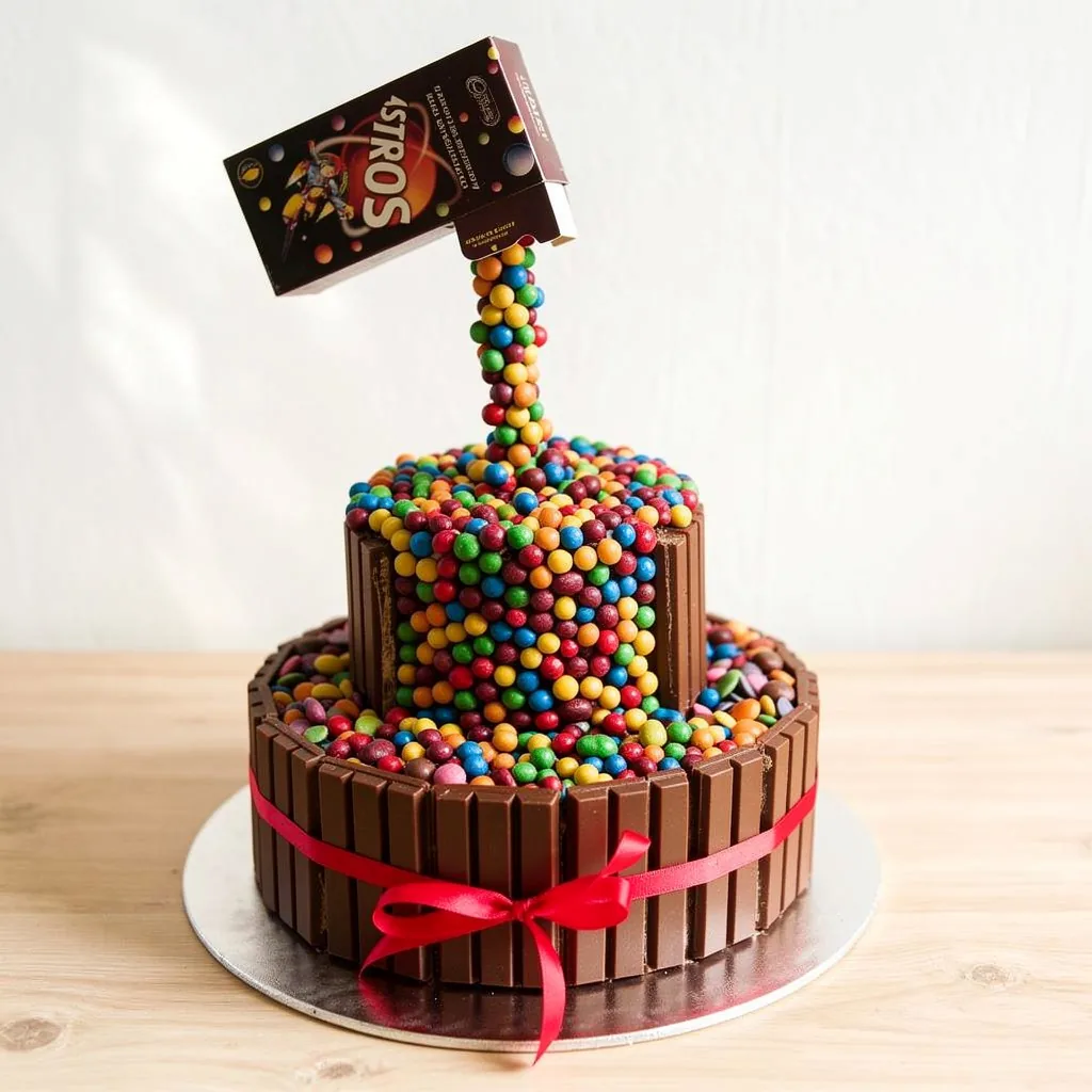 Two-tier chocolate cake wrapped in KitKat bars with colorful round candies cascading from a tilted Astros box.
