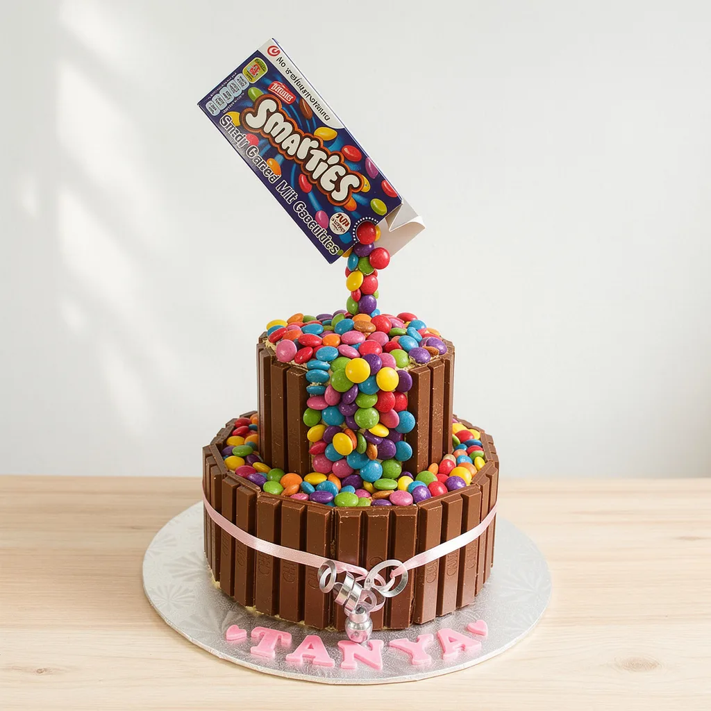 Two-tier chocolate KitKat cake with colorful Smarties appearing to pour from a tilted Smarties box