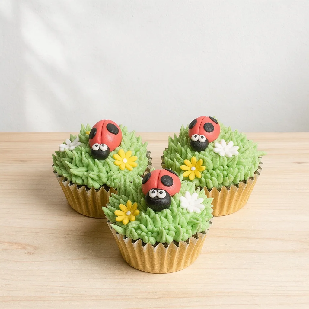 Three cupcakes decorated with green frosting grass, edible yellow and white flowers, and red ladybugs with black spots