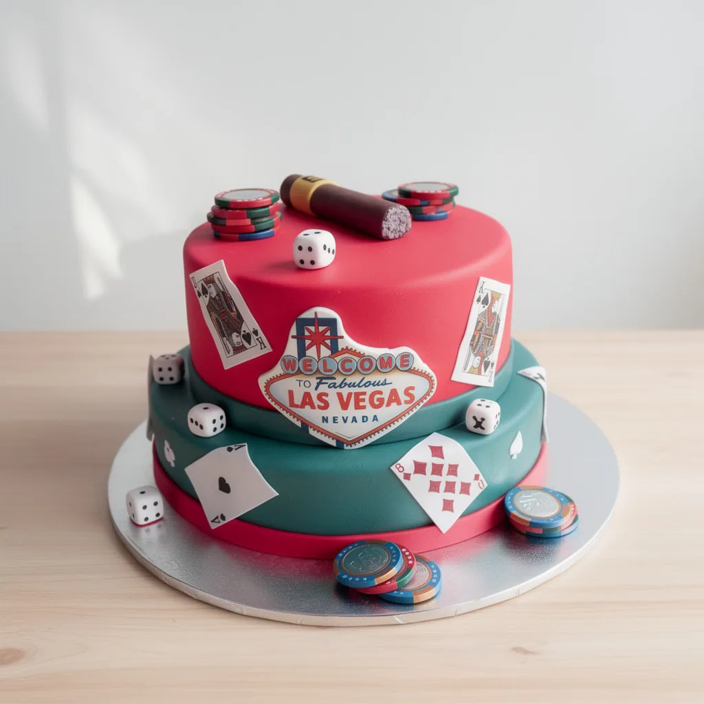 A two-tiered cake decorated with playing cards, dice, poker chips, and a cigar with a Las Vegas sign on the front