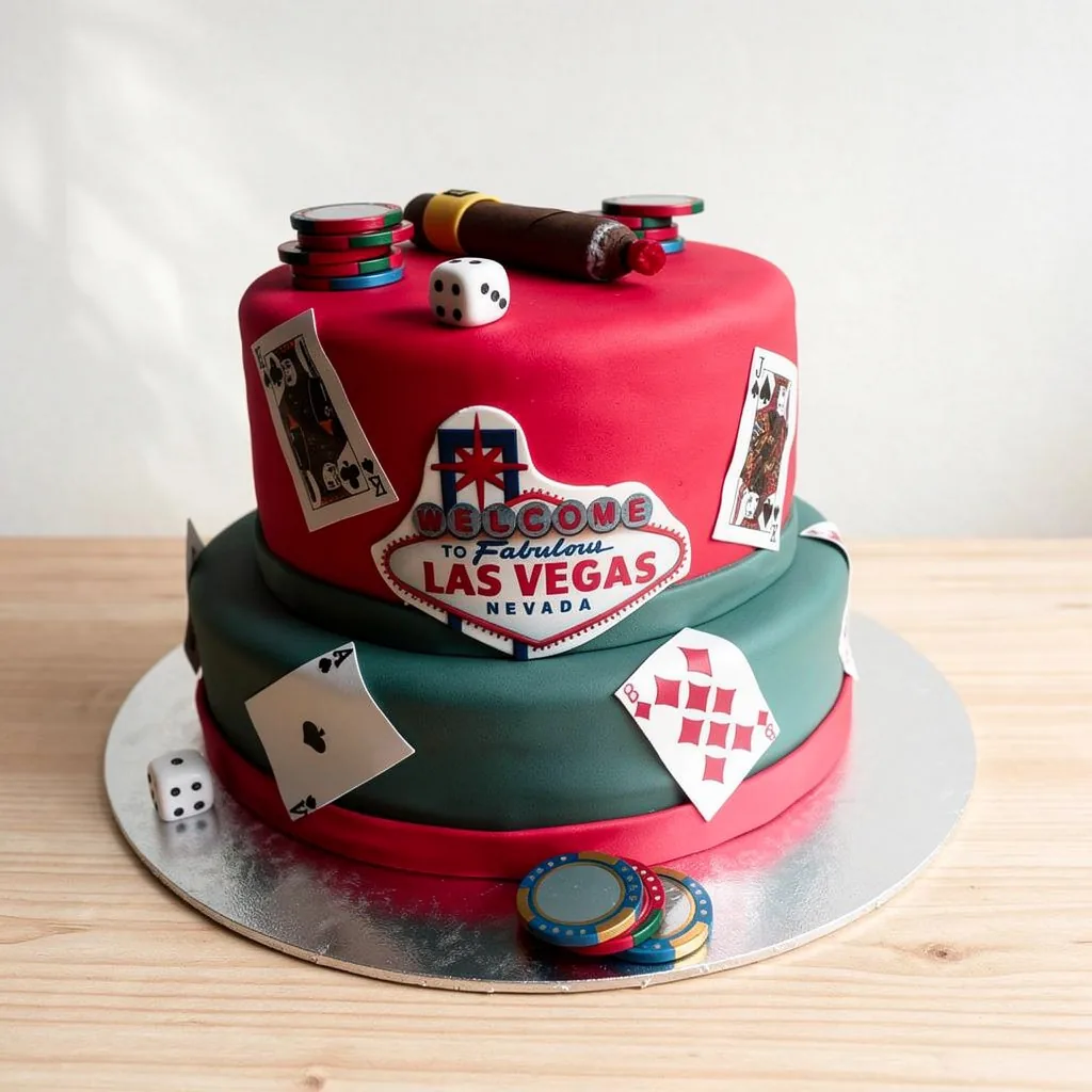 Two-tiered cake with poker and Las Vegas casino theme featuring playing cards, dice, poker chips, and a cigar.