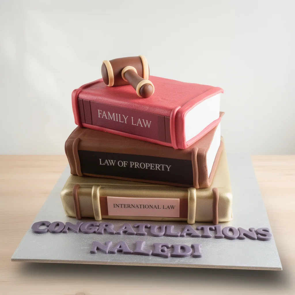 Stacked cakes designed as law books with a gavel on top and a congratulatory message