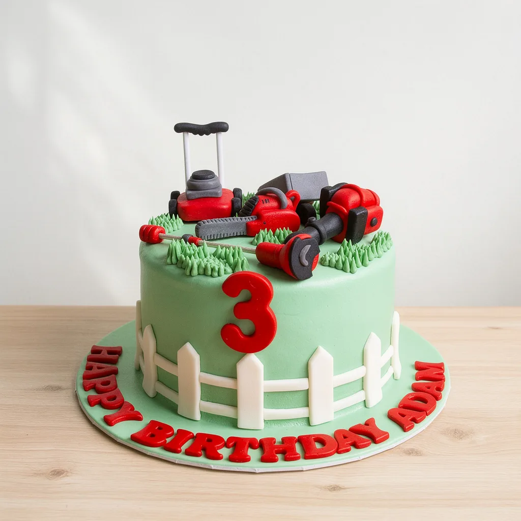 Round green birthday cake decorated with edible lawn mower and garden tools