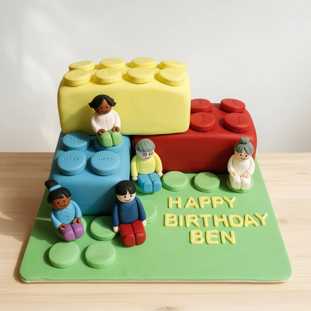 Colorful Lego block shaped cake with five fondant figures sitting around and green base with birthday message
