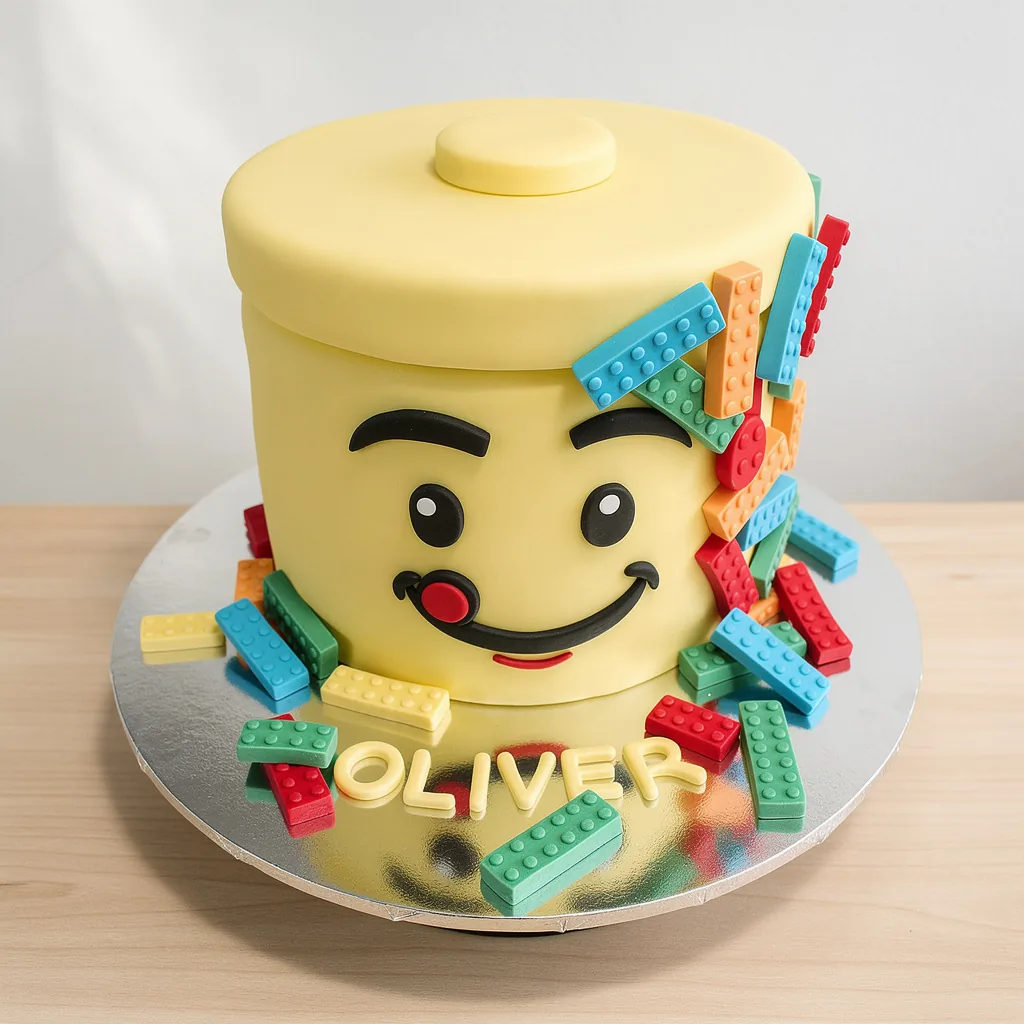 Yellow cake designed as a Lego face with colorful edible building blocks scattered around
