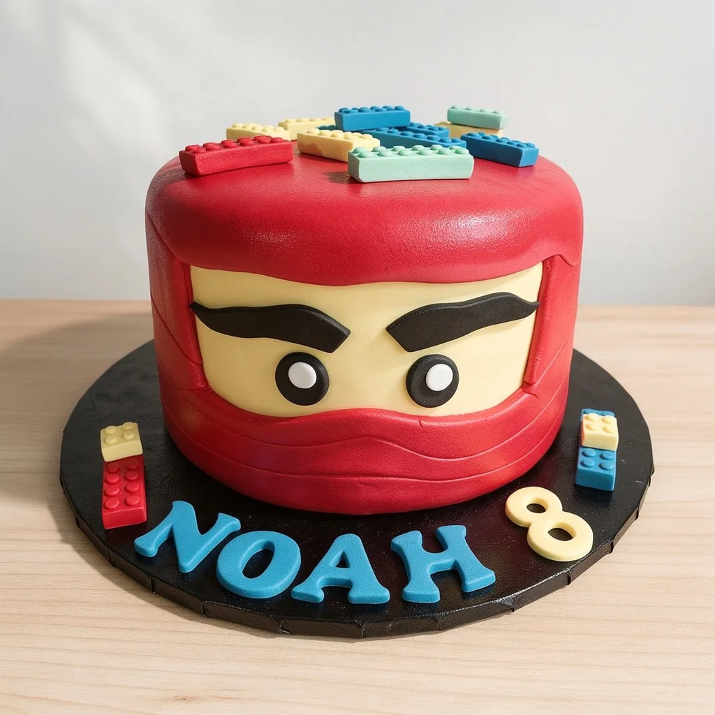 Red ninja-themed cake decorated with colorful building blocks and blue letters on a black base