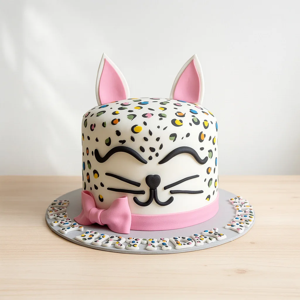 White fondant cake with colorful leopard spots, cat face details, pink ears, and a pink bow