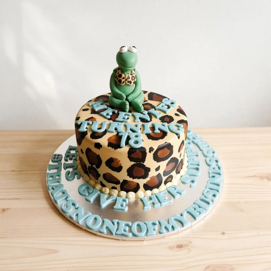 Round leopard print cake with blue lettering and green frog figure wearing a leopard print top