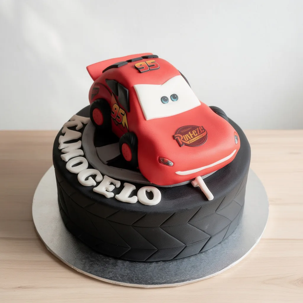 Red Lightning McQueen car cake on a black base with racing tire tread pattern