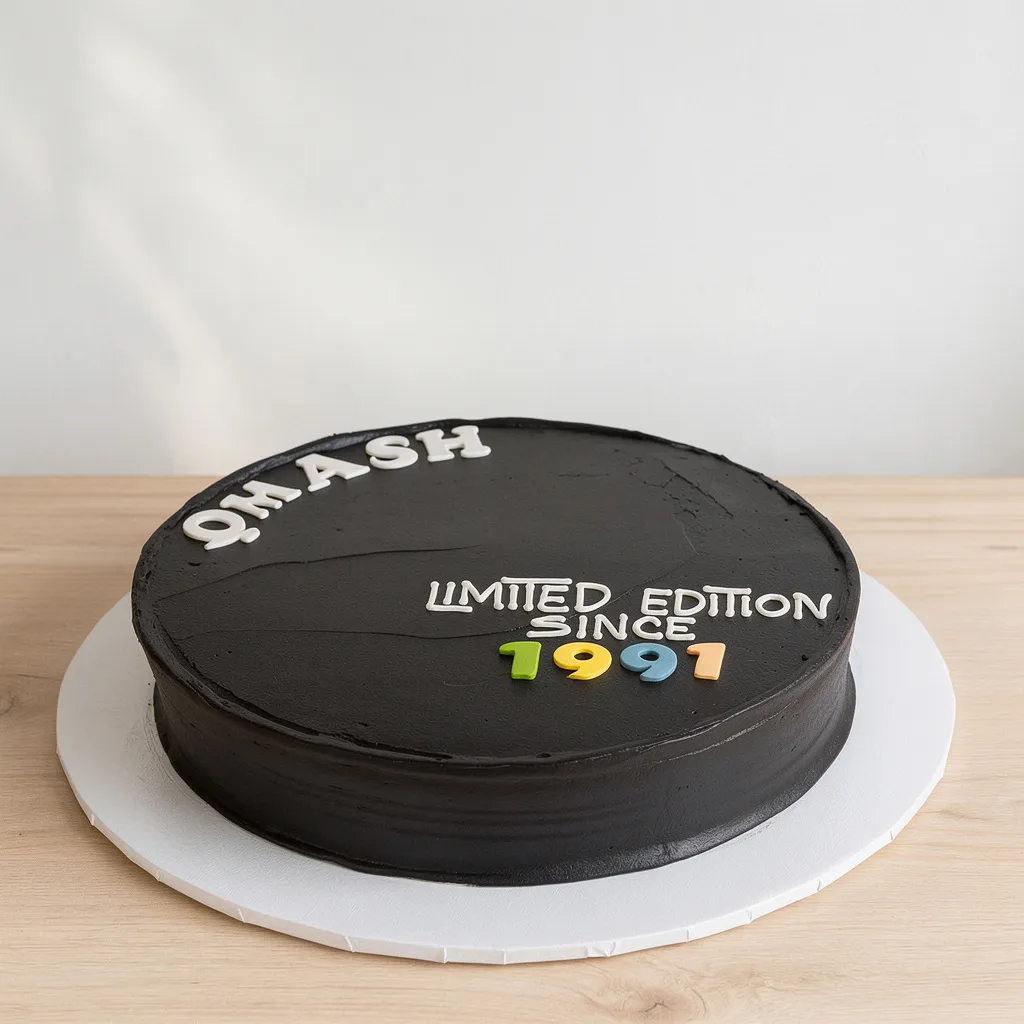 Round black frosted cake with white and colorful number decorations saying 'Limited Edition Since 1991'