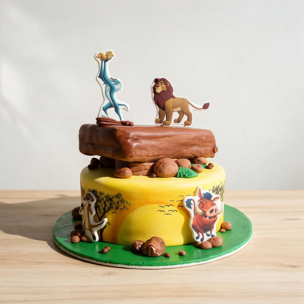 Two-tier Lion King-themed cake with characters Rafiki, Simba, Timon, and Pumbaa on a savannah scene