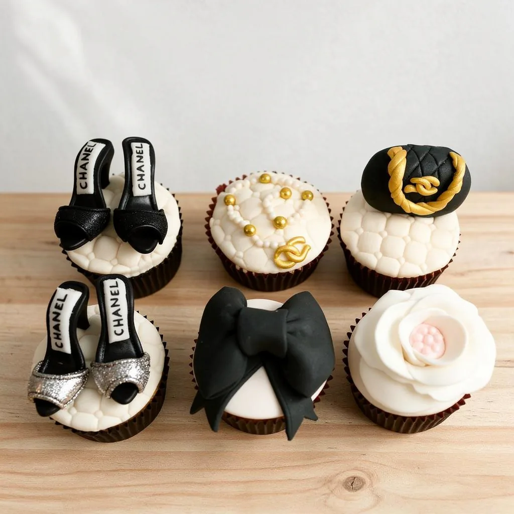 Six luxury fashion-themed cupcakes decorated with high heels, purse, pearls, bow and flower