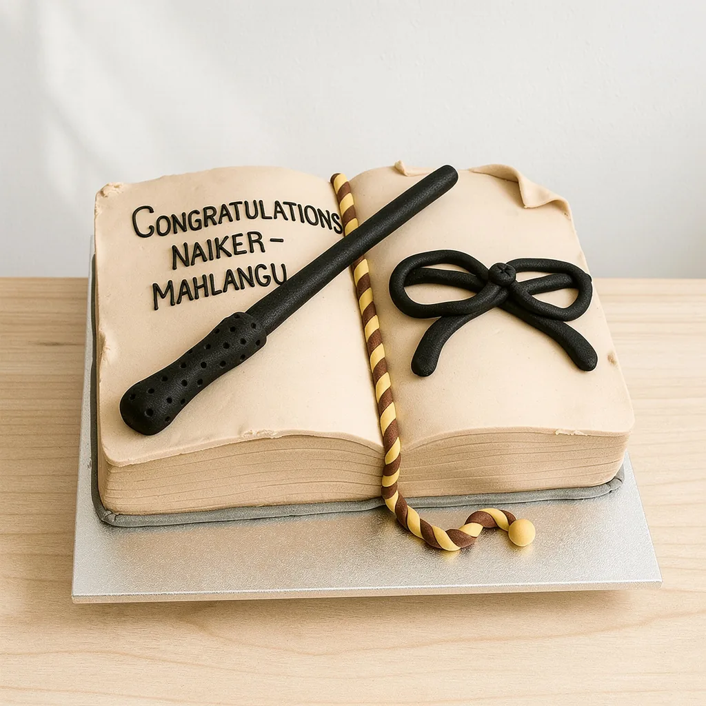 Book shaped cake with beige fondant, black wand and bow decorations, and congratulatory text