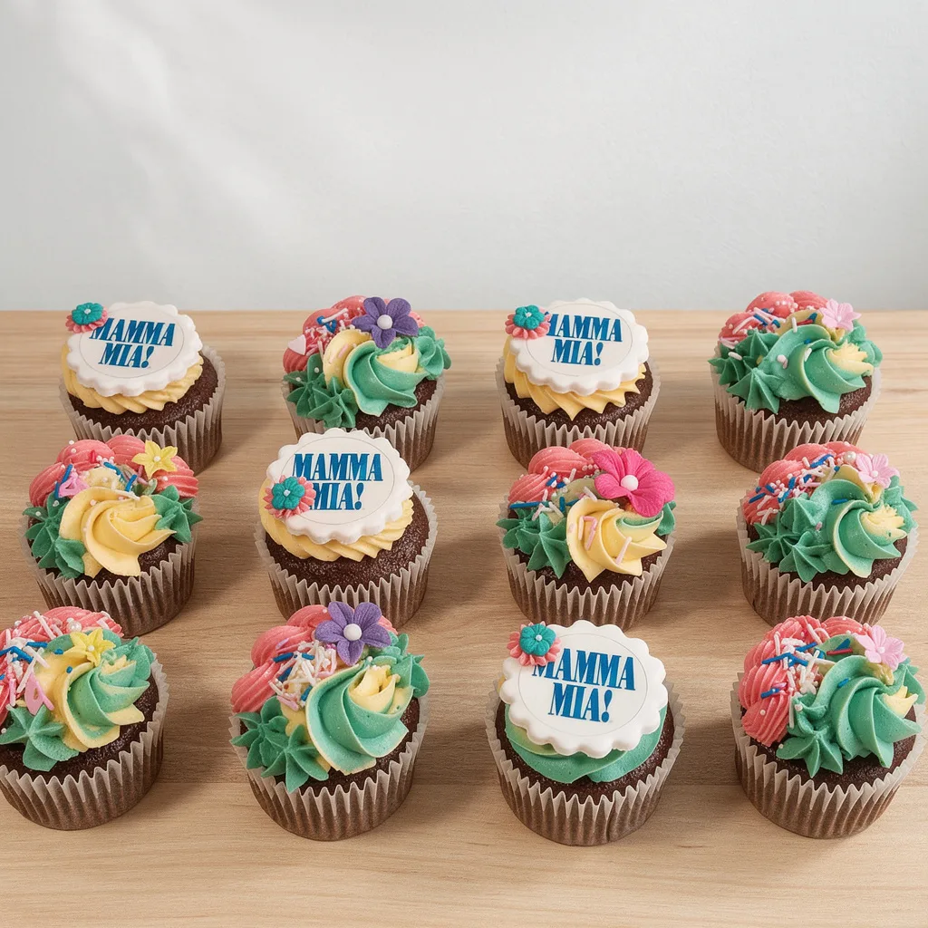 Chocolate cupcakes with colorful floral swirls and 'MAMMA MIA!' edible toppers