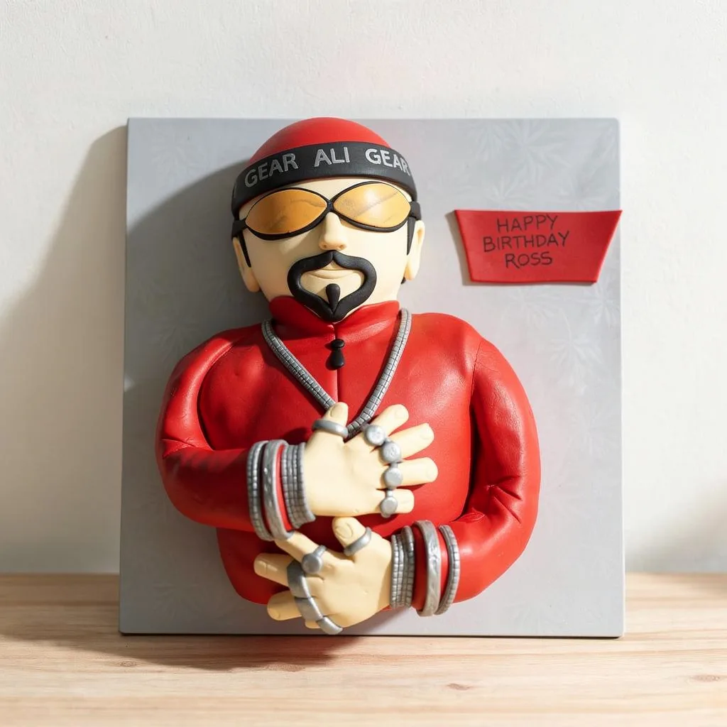 3D cake of a man in red jacket wearing multiple silver rings and sunglasses