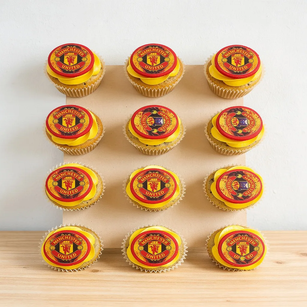 Cupcakes topped with bright yellow frosting and Manchester United logo edible toppers