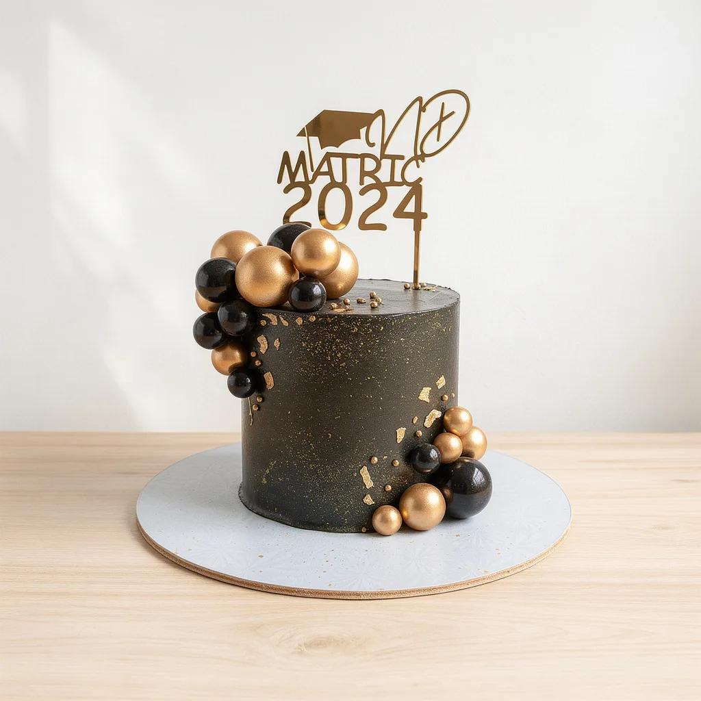 Elegant black cake with gold speckles and clusters of shiny gold and black spheres, topped with a gold Matric 2024 topper