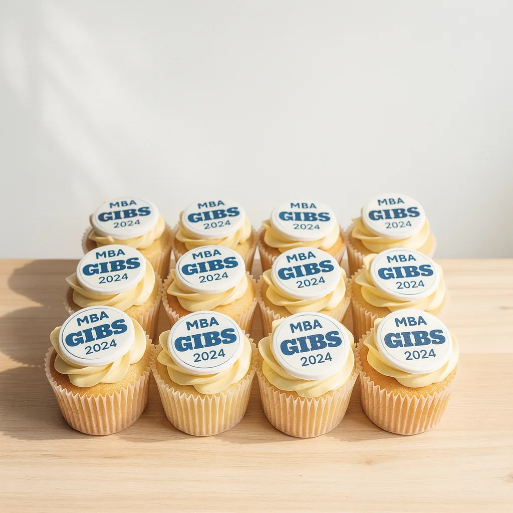 Twelve vanilla cupcakes with white frosting and round toppers reading MBA GIBS 2024