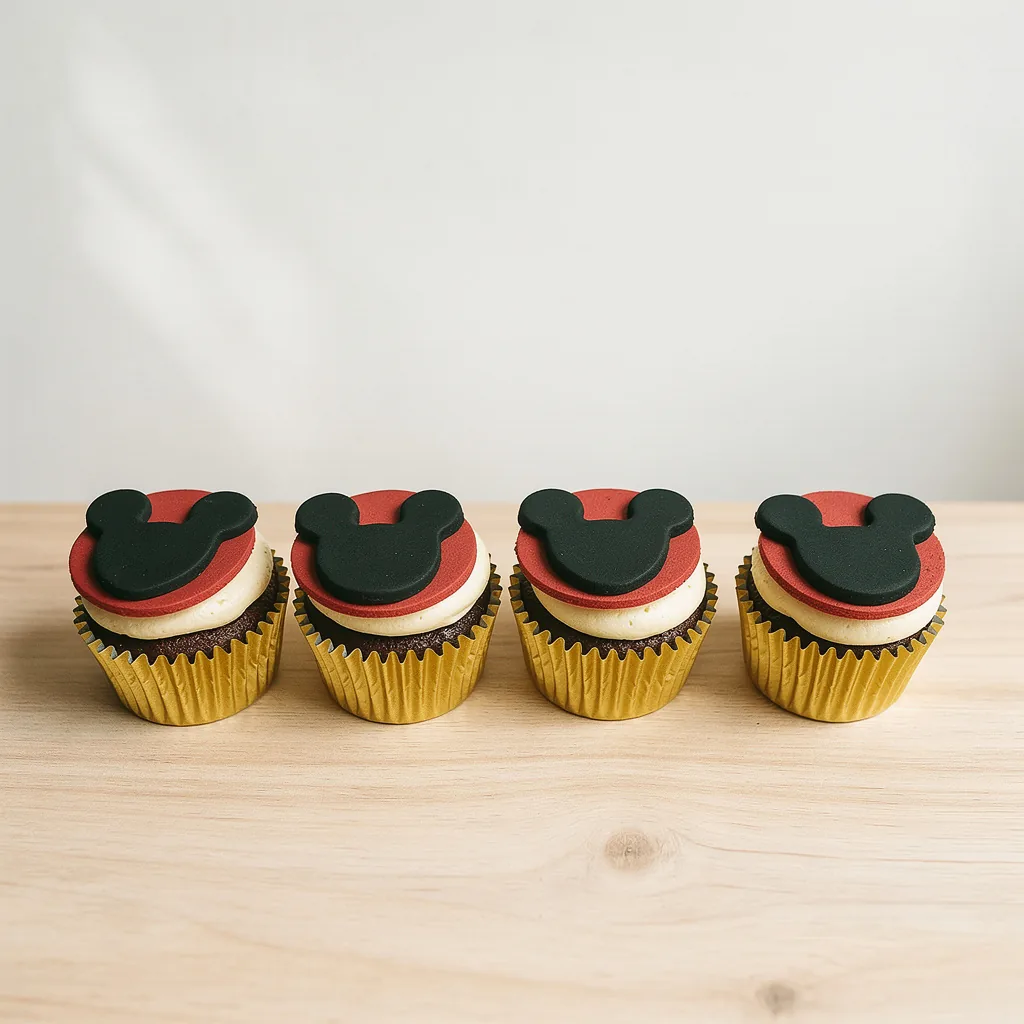 Four chocolate cupcakes with cream frosting topped with red discs and black mouse ear shapes