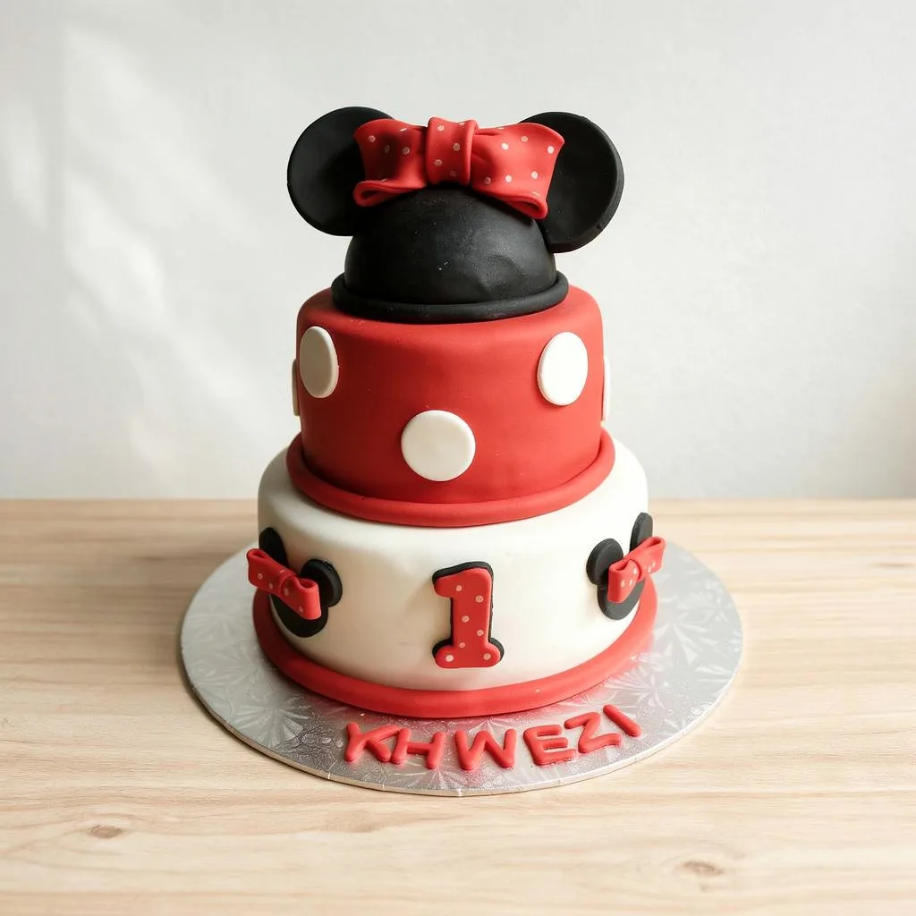 Two-tier cake decorated in red, white, and black with large white polka dots, a red bow, and black mouse ears on top