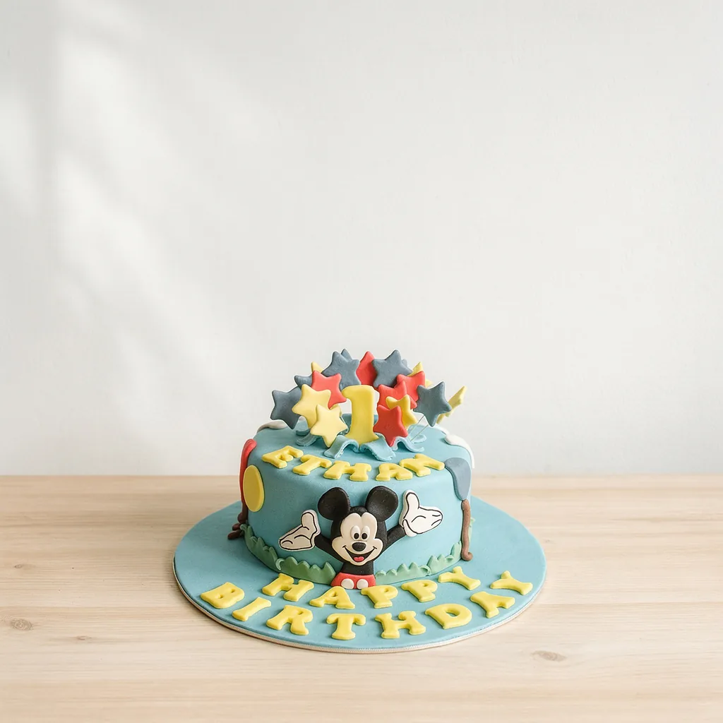 Round blue birthday cake with Mickey Mouse decoration and red, yellow, and gray stars on top