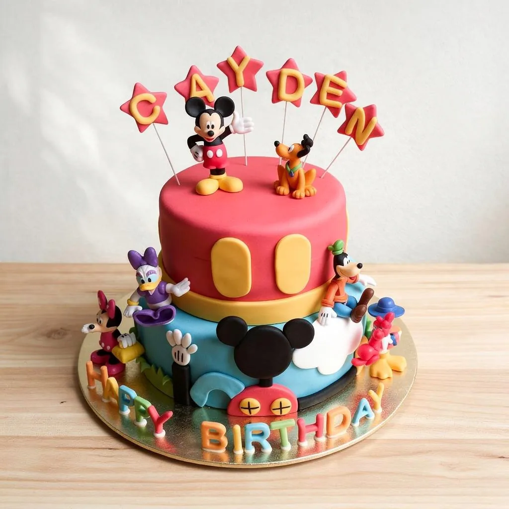 Two-tier Mickey Mouse themed birthday cake with red, blue, and yellow fondant featuring classic characters and 'happy…