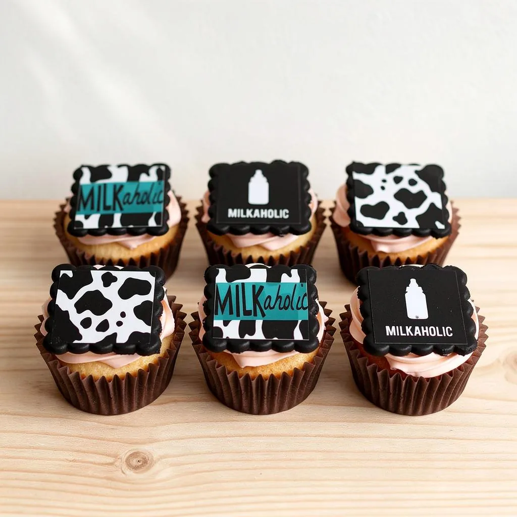 Six cupcakes with pink frosting topped with black and white cow print and milk bottle themed decorations