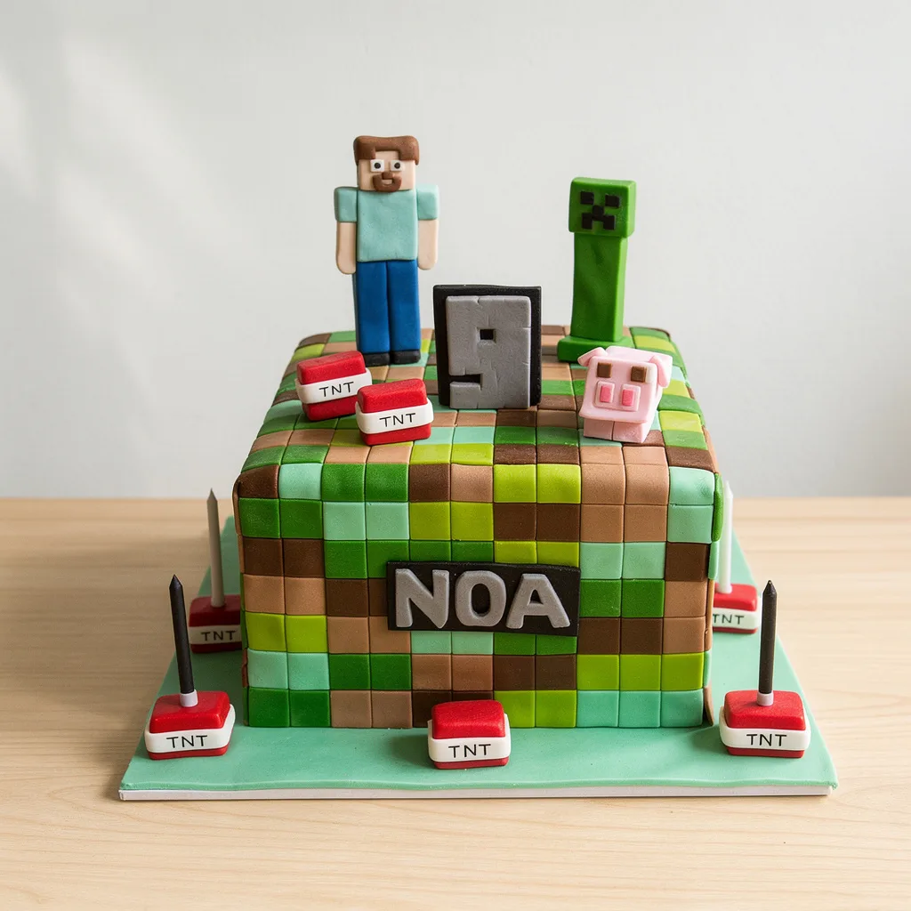 Square birthday cake decorated with Minecraft-style pixelated blocks, character figurines, TNT blocks, and pig figure