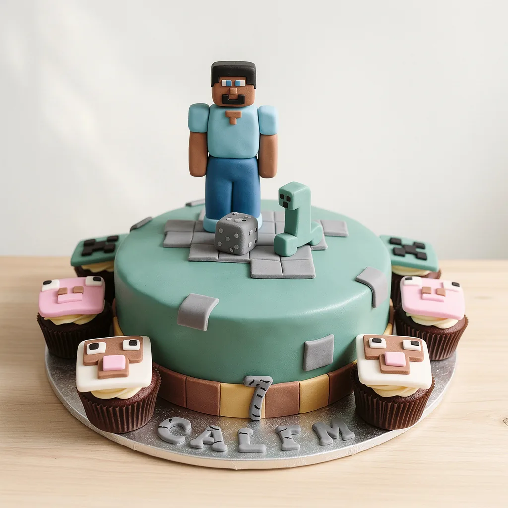 Green and brown Minecraft-themed birthday cake with character and creeper figurines and matching cupcakes