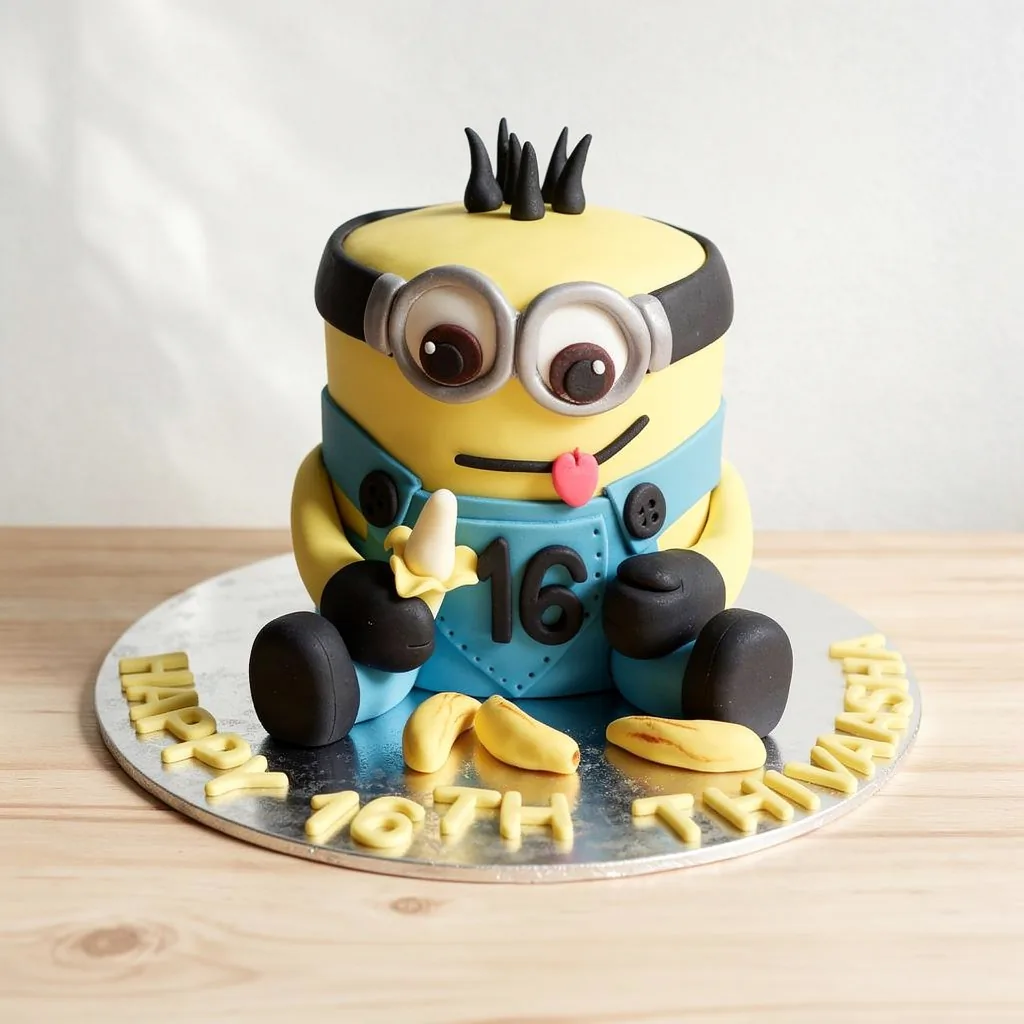 Yellow minion-themed cake holding a banana with fondant bananas around it