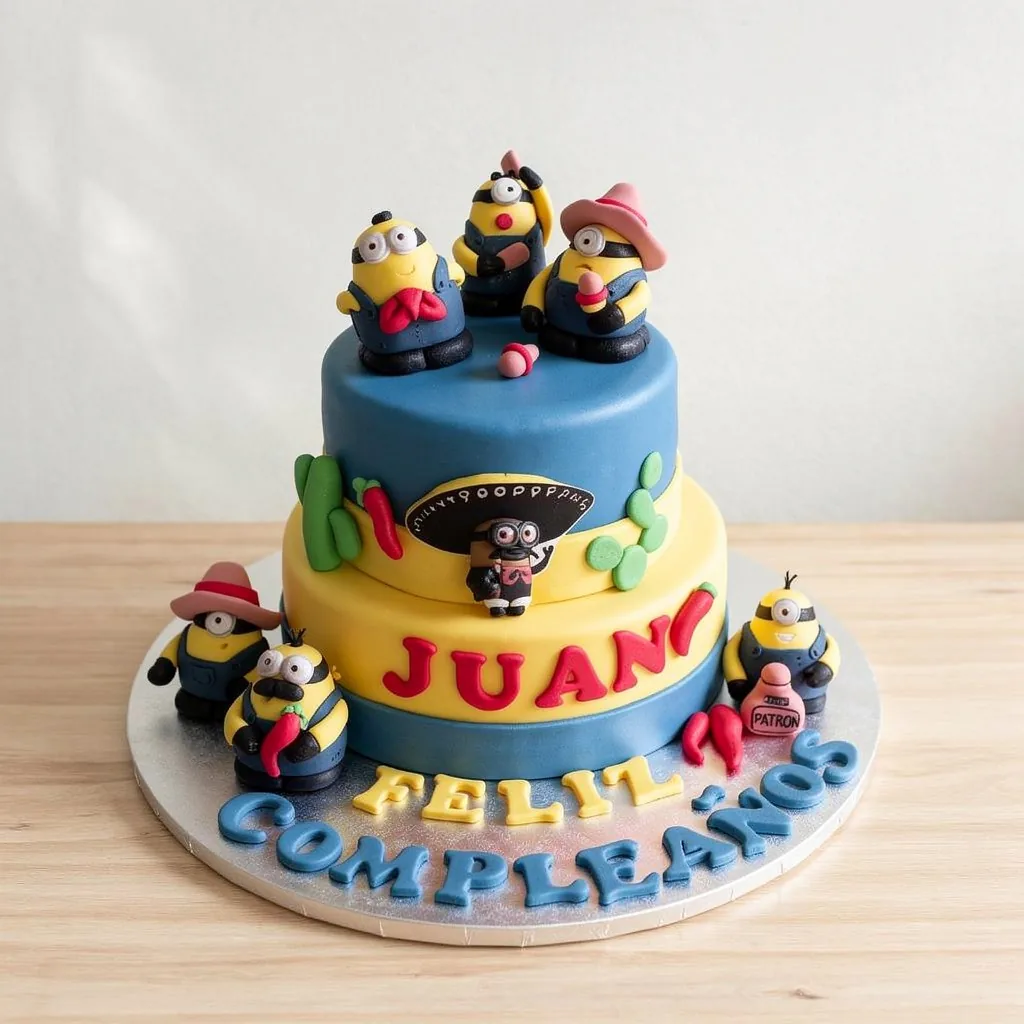 Two-tier birthday cake with blue and yellow fondant and minion figures with hats and chili peppers