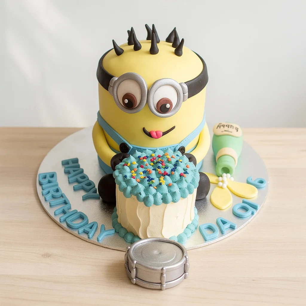 Yellow minion-themed birthday cake with blue overalls and black hair holding a small cake with blue icing and sprinkles