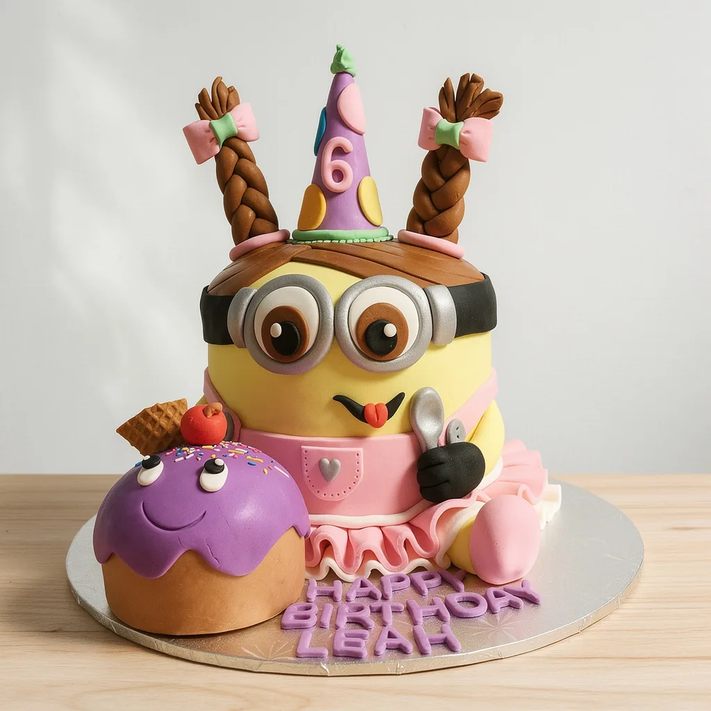Yellow minion-themed cake with party hat, braided hair bows, holding spoon beside a purple frosting cupcake figure
