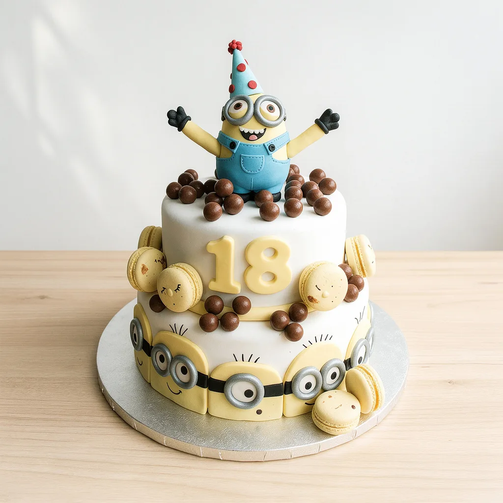 Two-tier white cake decorated with yellow minion faces, brown balls, macarons, and a minion figurine wearing a party hat on…