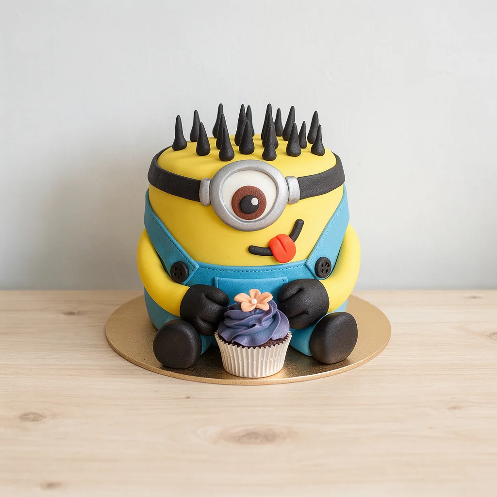 Yellow cake shaped like a Minion character wearing blue overalls and holding a purple cupcake with a pink flower