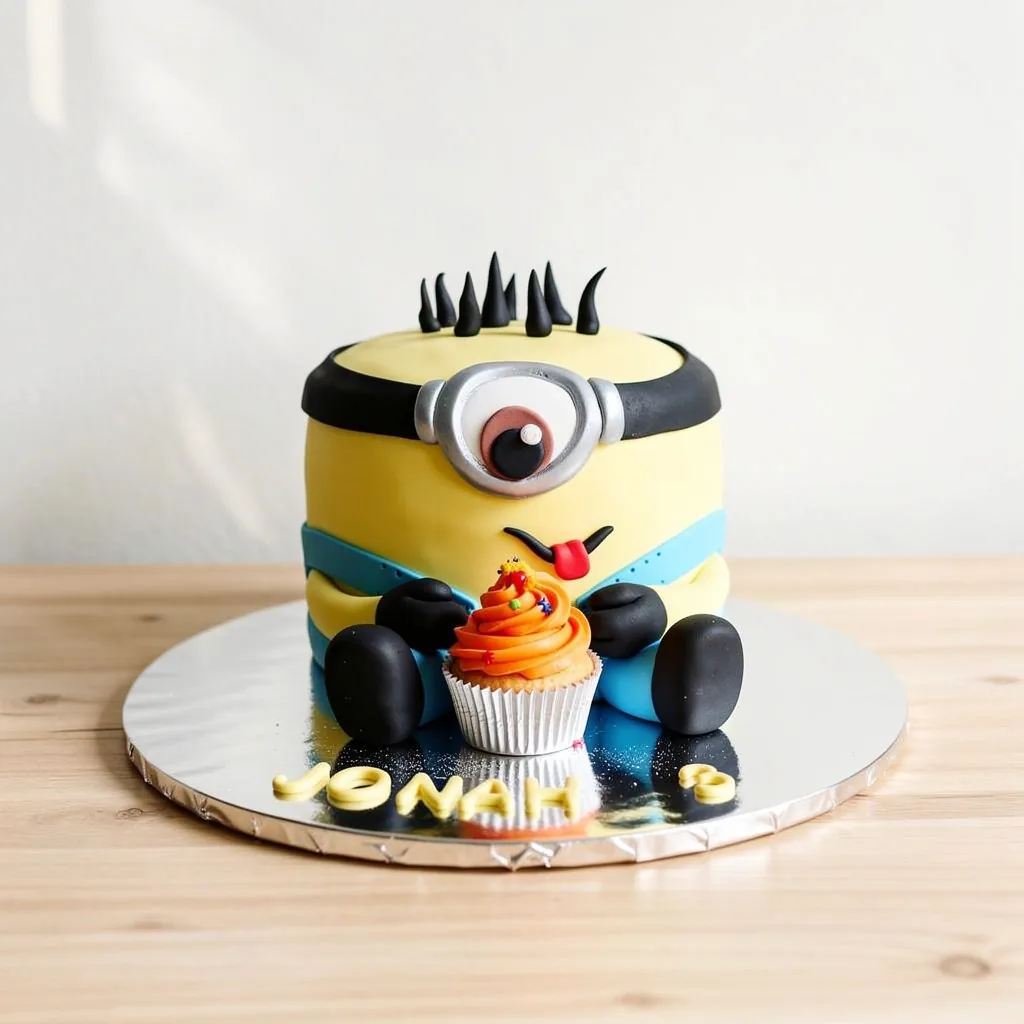 Yellow fondant cake shaped like a one-eyed Minion with black hair spikes and blue overalls, holding an orange-frosted…