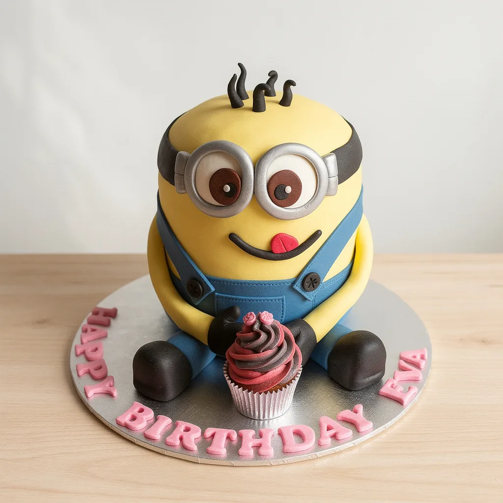 Yellow minion-shaped cake with blue overalls, black gloves, goggles, and holding a red and black cupcake