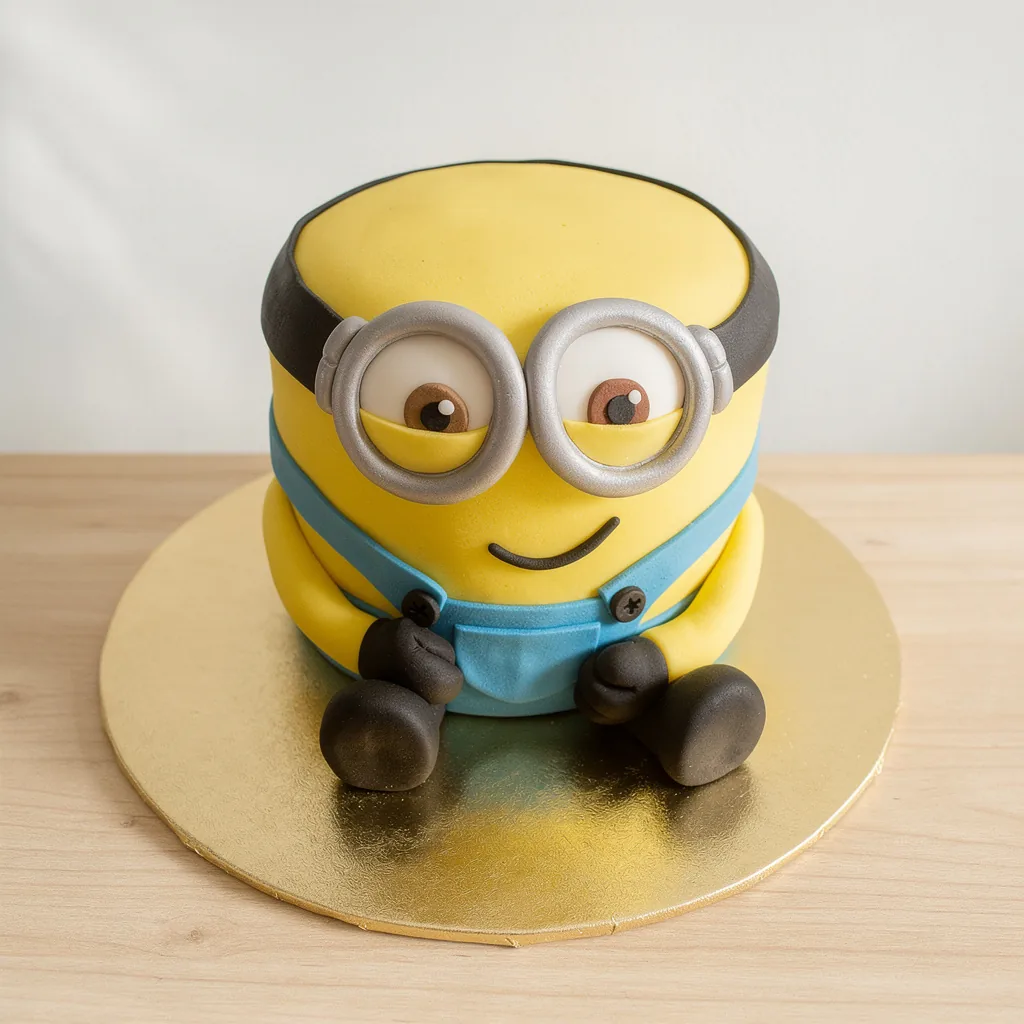 Yellow cake shaped like a sitting minion character with blue overalls and big silver goggles