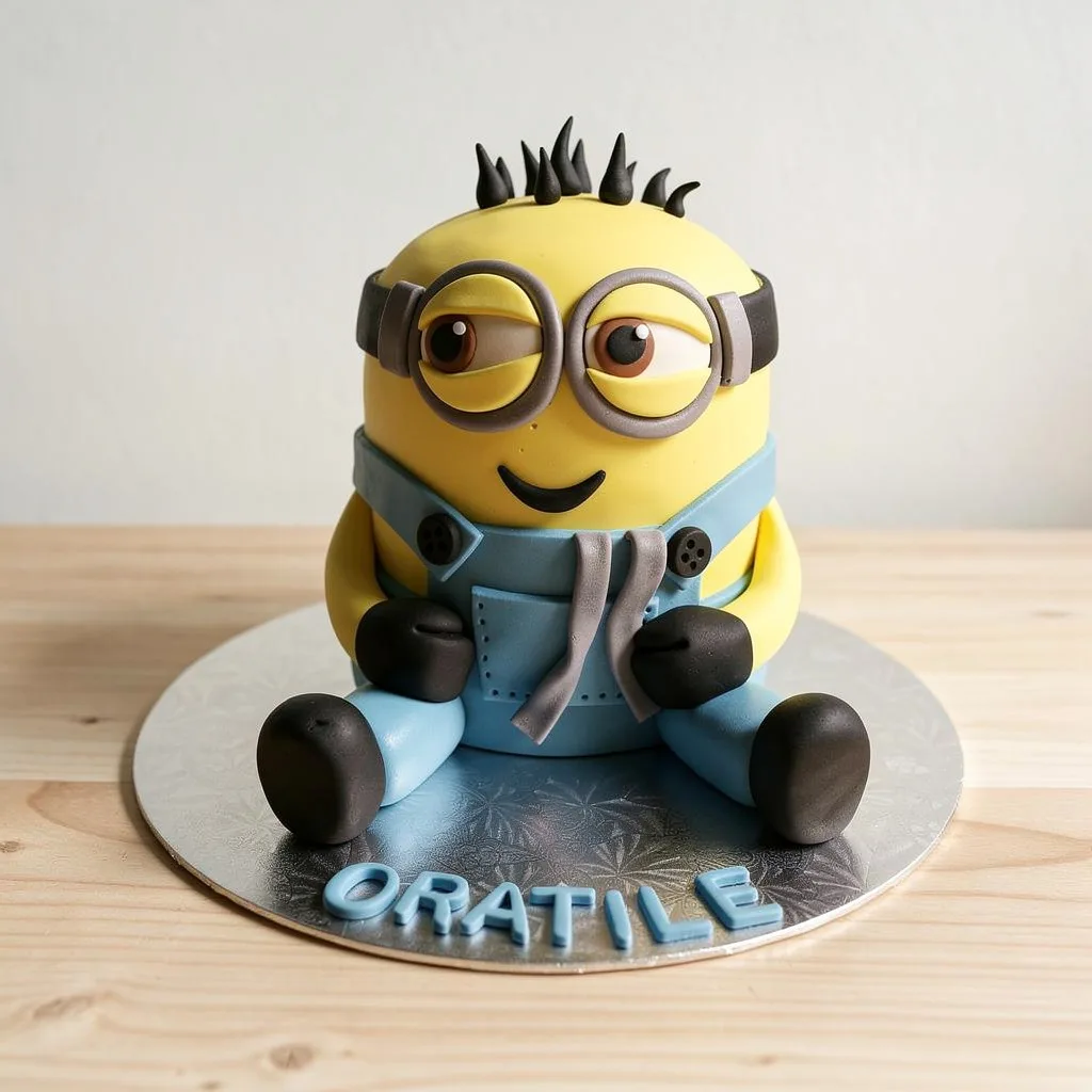 3D fondant cake shaped like a yellow minion wearing blue overalls and black gloves and shoes