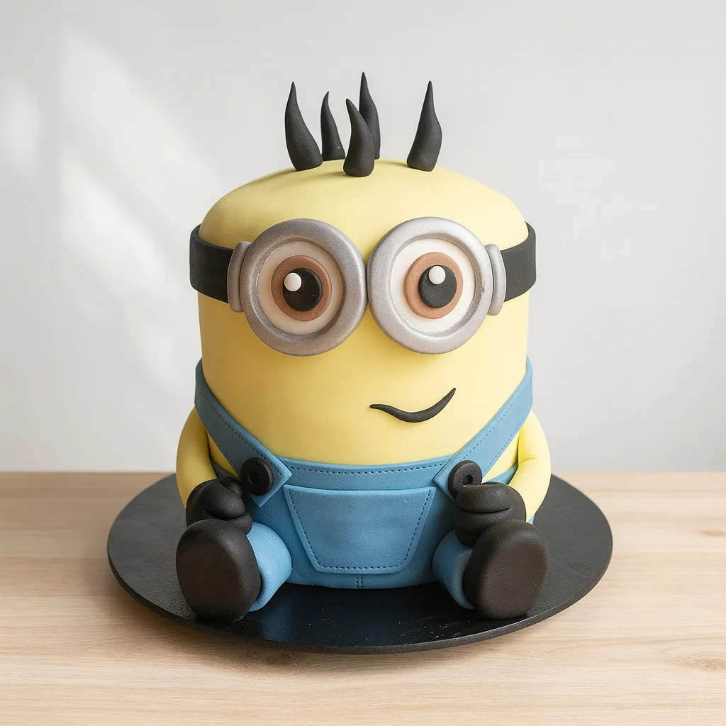Yellow character cake with big silver goggles, black hair spikes, blue overalls, sitting on a black cake board