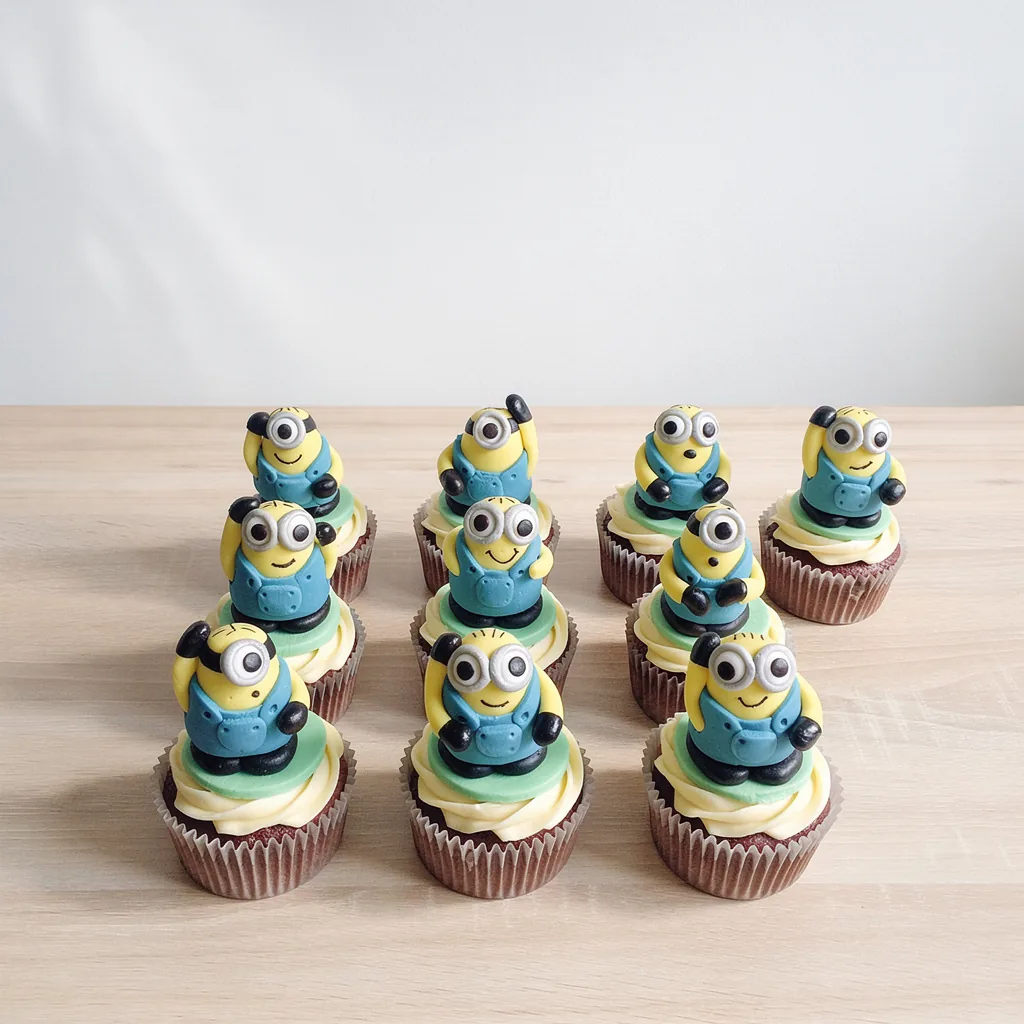 Ten cupcakes topped with yellow and blue minion-like characters made from fondant