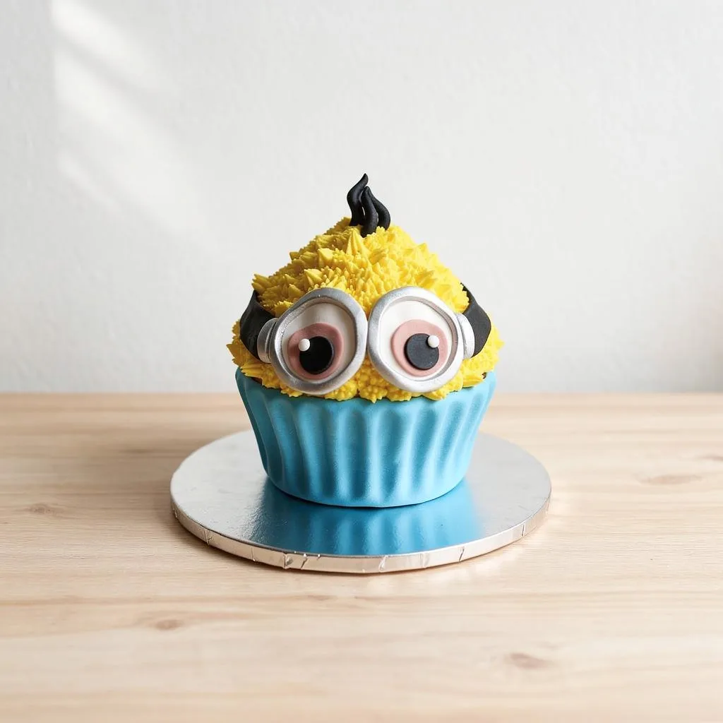 Cupcake decorated to resemble a yellow minion with big eyes and black hair in a blue wrapper