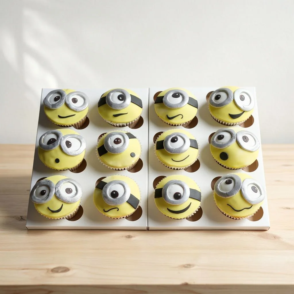 Twelve yellow cupcakes decorated with silver goggles and various facial expressions resembling cartoon minions.