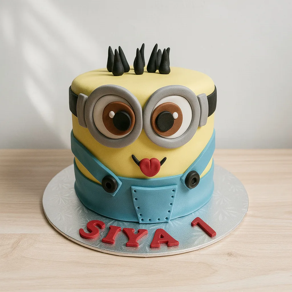 Round yellow fondant cake decorated as a Minion with blue overalls and red letters on the base