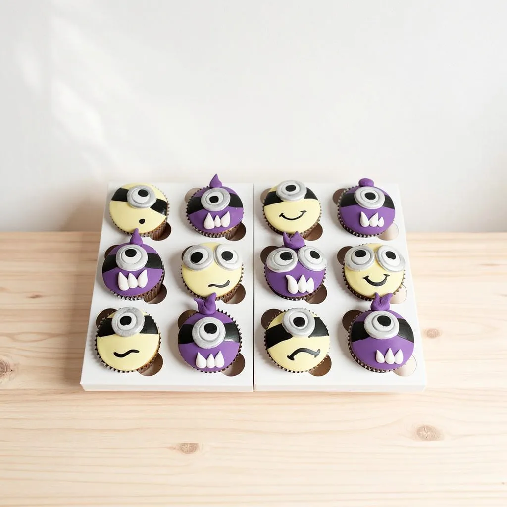 Yellow and purple cupcakes decorated with one or two eyes and expressive faces, inspired by minion and evil minion characters