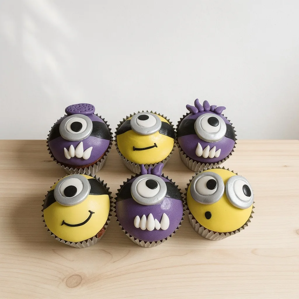 Six cupcakes decorated with yellow and purple fondant monster faces with one eye each