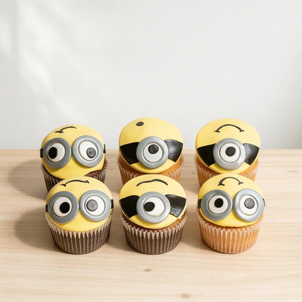 Six yellow cupcakes decorated with fondant to resemble Minion faces with one or two eyes wearing goggles